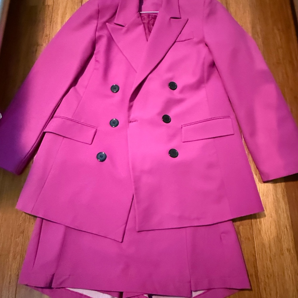 Bold Magenta Double-Breasted Blazer and Skort Set